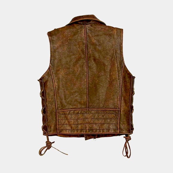 MEN'S CLASSIC DISTRESSED BROWN BIKER MOTORCYCLE CONCEALED CARRY LEATHER VEST - Picture 2 of 2